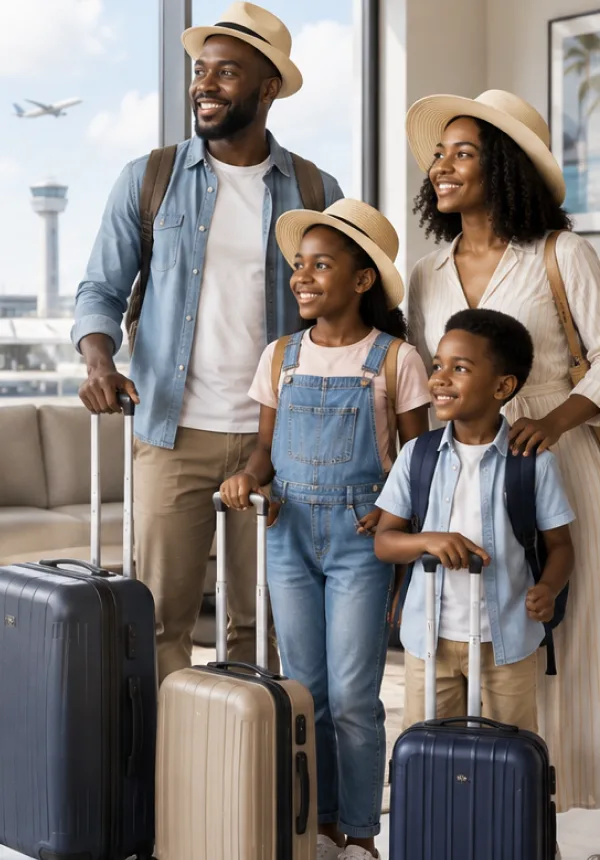 A family with suitcases waiting beside an airport window