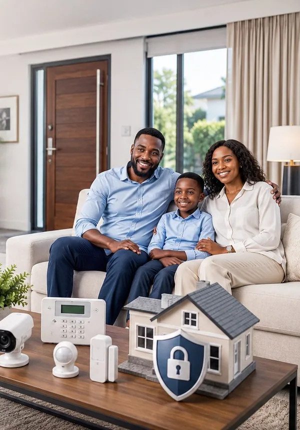 A family standing at the front door of their home beside a security keypad