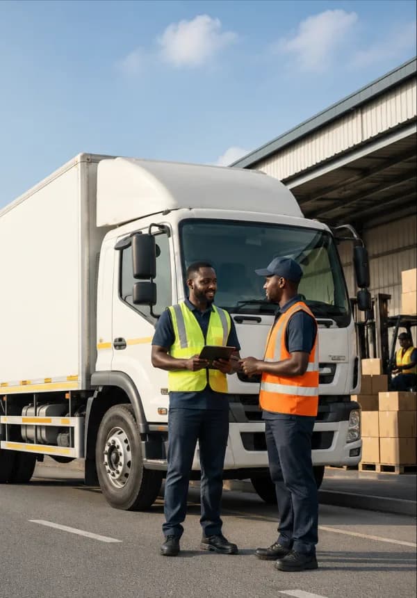 Two workers in high-visibility vests checking paperwork beside a delivery truck