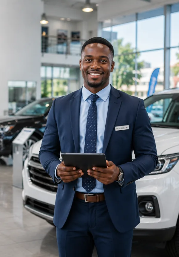 A salesperson with a tablet standing beside vehicles in a showroom
