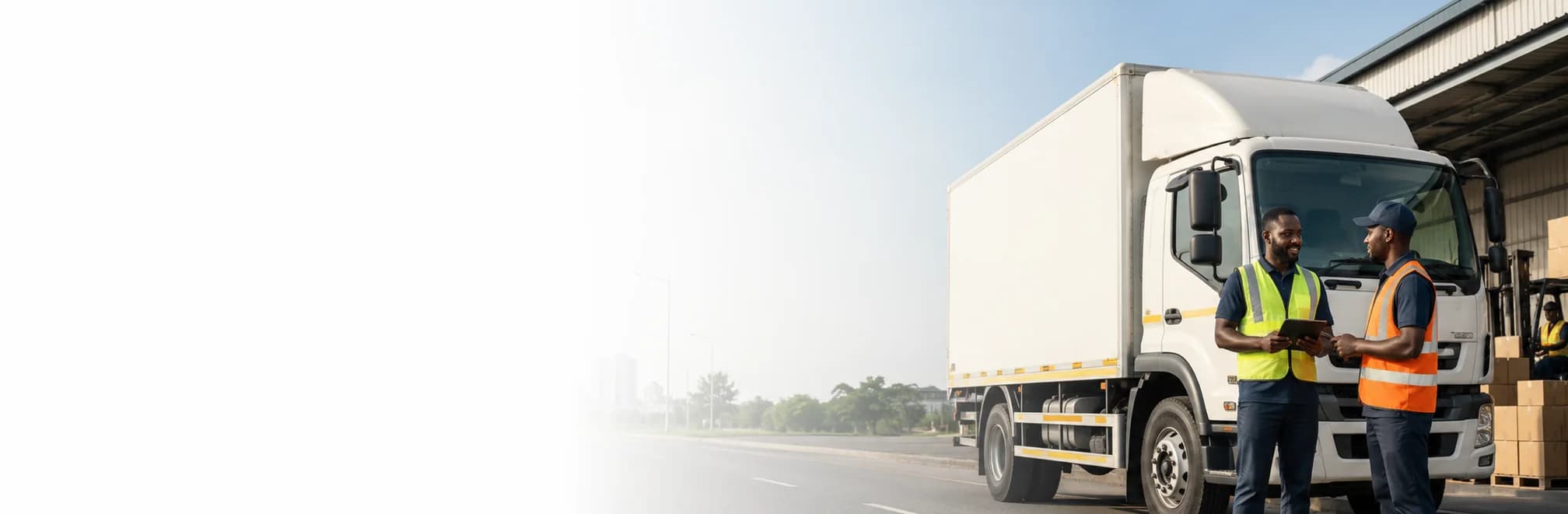 Two workers in high-visibility vests checking paperwork beside a delivery truck